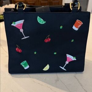 Kim Rogers Black Tote with Pink Cocktail & Fruit Embroidery